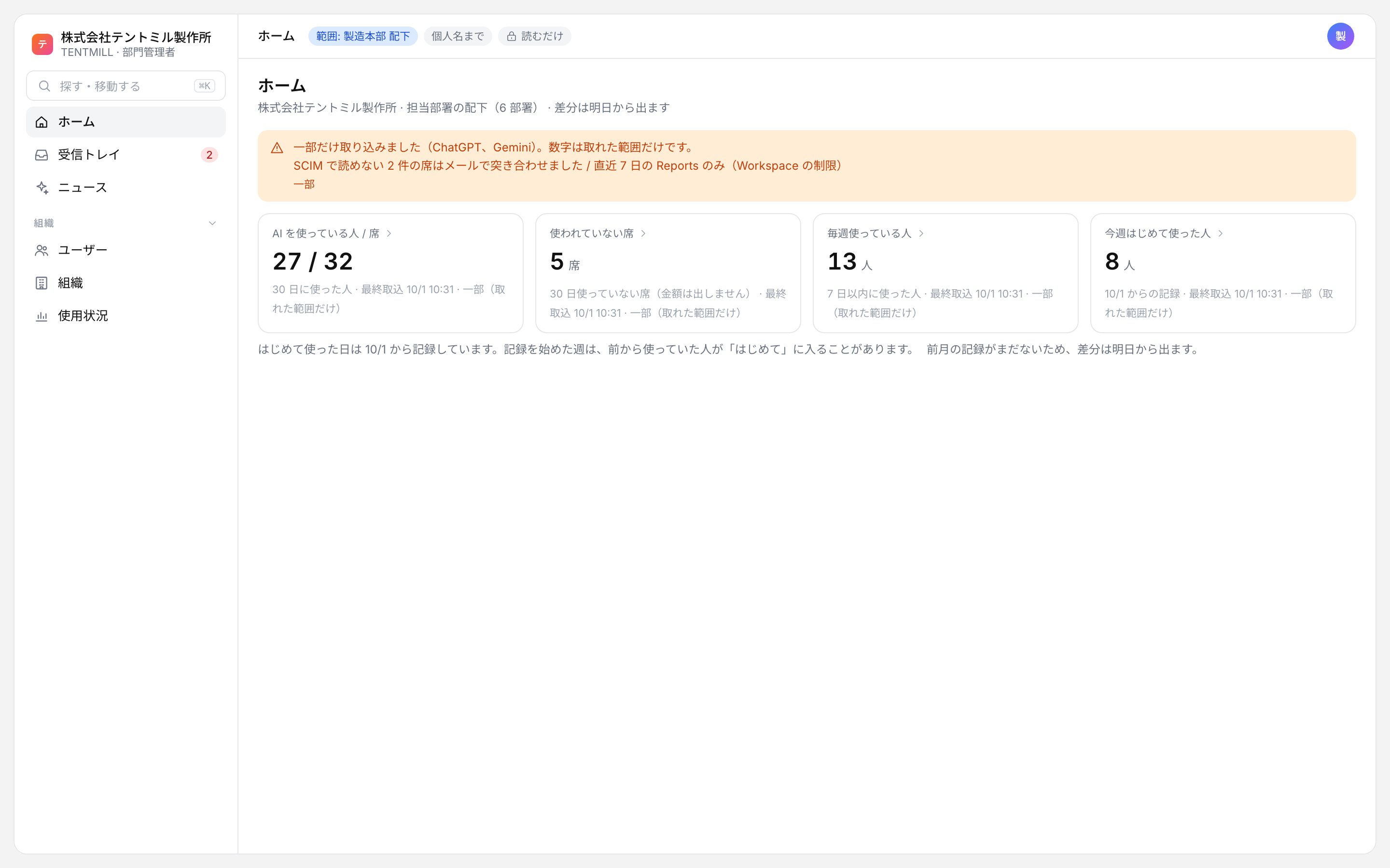 部門長のホーム画面